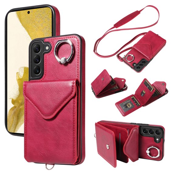 for Samsung Galaxy S22 Plus PU Leather Back + TPU Frame Rugged Case, Classic 360 Rotating Ring Kickstand Card Slots Shoulder Strap Drop Protective Slim Fit Shockproof Phone Case Cover, Red