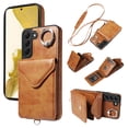 thumbnail image 1 of for Samsung Galaxy S22 Plus PU Leather Back + TPU Frame Rugged Case, Classic 360 Rotating Ring Kickstand Card Slots Shoulder Strap Drop Protective Slim Fit Shockproof Phone Case Cover, Brown, 1 of 12