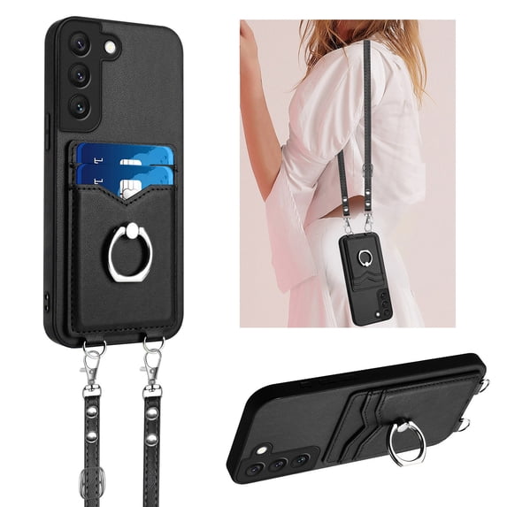 for Samsung Galaxy S22 Plus PU Leather Phone Case Cover, Classic Shoulder Strap Card Slots Shockproof Protective Ring Bracket Anti-scratch Ultra Slim Back Case for Samsung Galaxy S22 Plus - Black