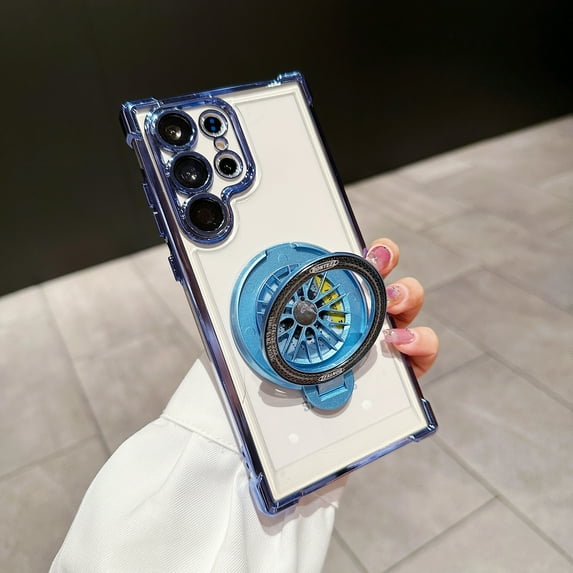 for Samsung Galaxy S22 Plus Plating Case with Rotating Gyroscope Magnetic Ring Stand Full Camera Lens Protection Compatible with MagSafe Clear Back Phone Cover for Samsung Galaxy S22 Plus, Blue
