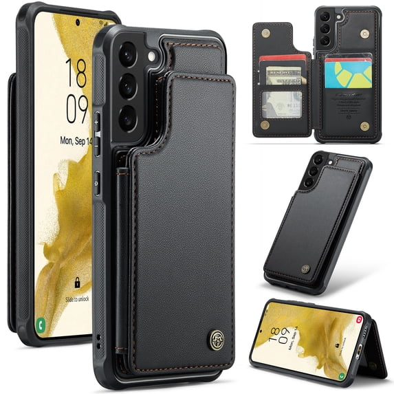 for Samsung Galaxy S22 Plus Premium PU Leather Back Case, Multiple Card Slots Design, Double Magnetic Clasp Study Kickstand RFID Blocking Classic Phone Cover for Samsung Galaxy S22 Plus, Black
