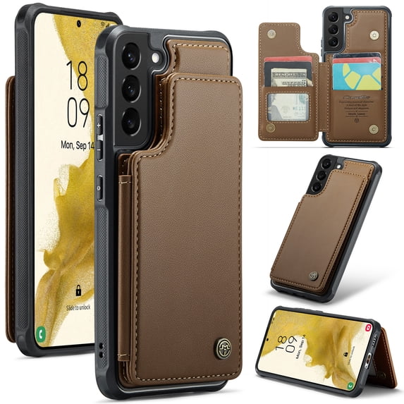 for Samsung Galaxy S22 Plus Premium PU Leather Back Case, Multiple Card Slots Design, Double Magnetic Clasp Study Kickstand RFID Blocking Classic Phone Cover for Samsung Galaxy S22 Plus, Brown