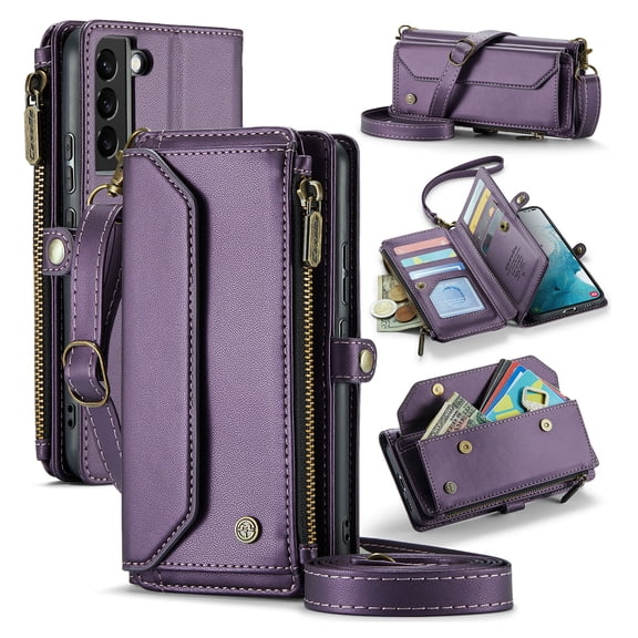 for Samsung Galaxy S22 Plus Rugged Case, Classic PU Leather Shoulder Strap Wrist Strap Zipper Pocket RFID Blocking Wireless Charging Kickstand Case Cover for Samsung Galaxy S22 Plus, Purple