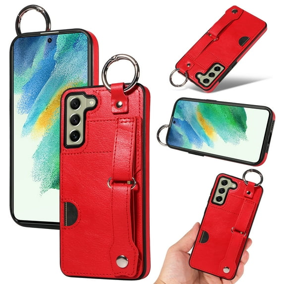 for Samsung Galaxy S22 Plus Wallet Case with Card Holder, Hand Wrist Strap Loop Holder Kickstand, Finger Grip Ring Buckle PU Leather Double Buttons Shockproof Cover for Samsung Galaxy S22 Plus, Red