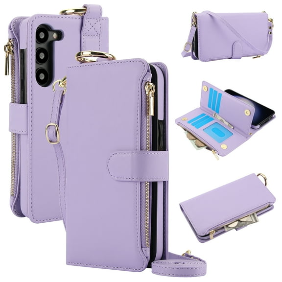 for Samsung Galaxy S22 Plus Wallet Case with Card Holder - PU Leather Case Detachable Crossbody Strap & Wristband & Secure Ring, Shockproof Protective RFID Blocking Zipper Purse Phone Cover, Violet