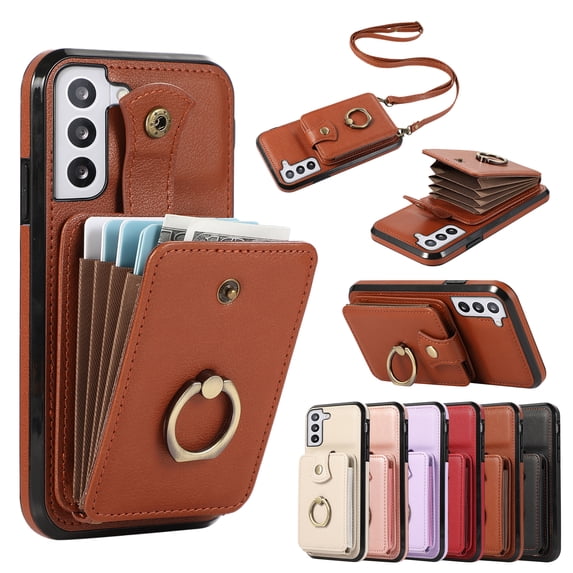 for Samsung Galaxy S22 Plus Wallet Case with Card Holder, PU Leather Case with Ring Holder Kickstand, Snap Button Card Slots Case for Women Men for S22 Plus with Crossbody Strap - Brown