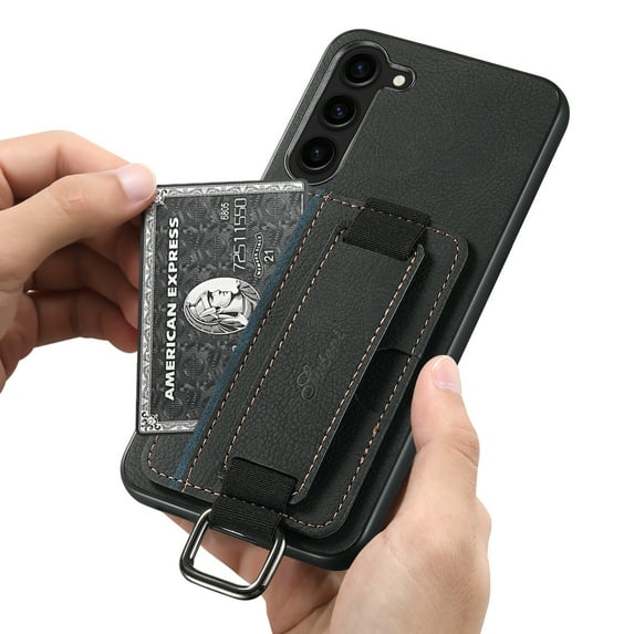 for Samsung Galaxy S22 Plus Wallet Case, Classic Finger Ring with Card Holder Lychee Texture PU Leather Back Cover with Wristband Kickstand Shockproof Drop Protective for S22 Plus, Black