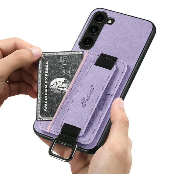 for Samsung Galaxy S22 Plus Wallet Case, Classic Finger Ring with Card Holder Lychee Texture PU Leather Back Cover with Wristband Kickstand Shockproof Drop Protective for S22 Plus, Purple