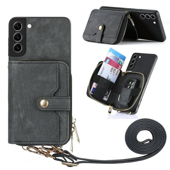 for Samsung Galaxy S22 Plus Wallet Case, Crossbody Phone Purse with Card Holder for Women, Zipper PU Leather Carrying Cover Gift with Shoulder Strap Kickstand Anti-drop for S22 Plus - Black