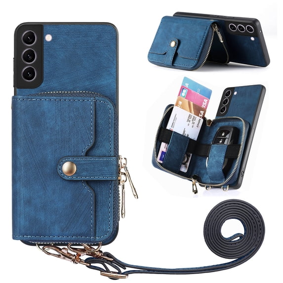 for Samsung Galaxy S22 Plus Wallet Case, Crossbody Phone Purse with Card Holder for Women, Zipper PU Leather Carrying Cover Gift with Shoulder Strap Kickstand Anti-drop for S22 Plus - Blue