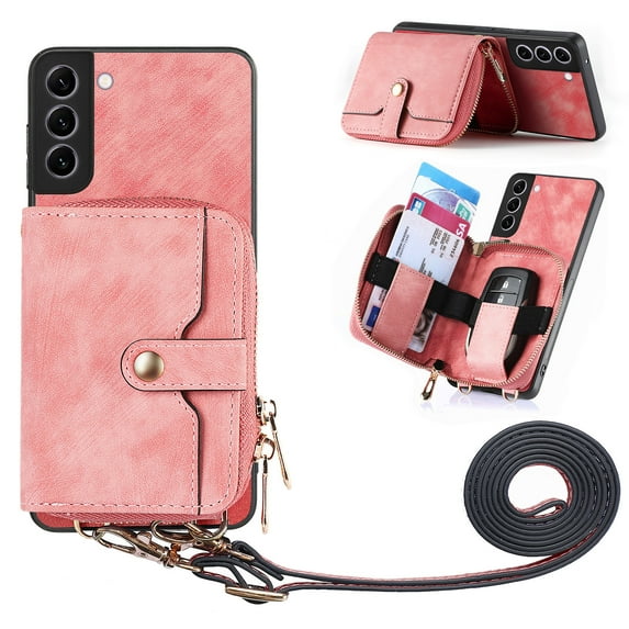 for Samsung Galaxy S22 Plus Wallet Case, Crossbody Phone Purse with Card Holder for Women, Zipper PU Leather Carrying Cover Gift with Shoulder Strap Kickstand Anti-drop for S22 Plus - Pink