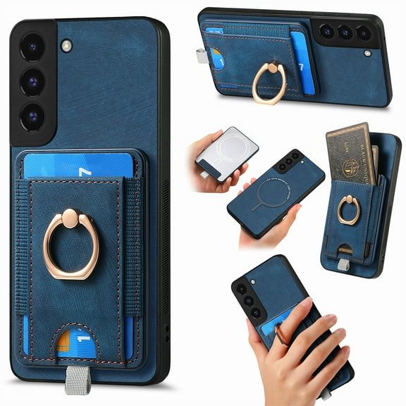 for Samsung Galaxy S22 Plus Wallet Case with Detachable Card Holder & 360° Rotation Finger Ring Holder Stand, Shockproof PU Leather Phone case with Card Slot for Men Women for S22 Plus, Blue