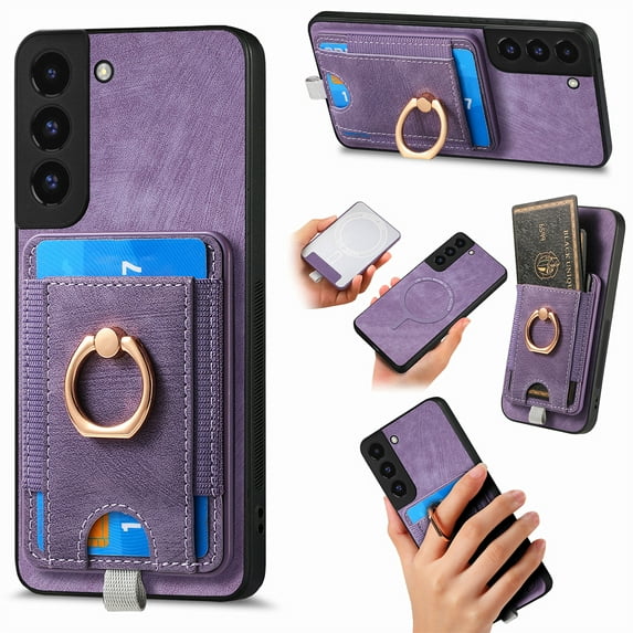 for Samsung Galaxy S22 Plus Wallet Case with Detachable Card Holder & 360° Rotation Finger Ring Holder Stand, Shockproof PU Leather Phone case with Card Slot for Men Women for S22 Plus, Purple