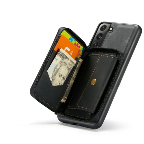 Samsung Galaxy S22 Plus Wallet Case with Detachable Magnetic Card Zipper Pocket, Galaxy S22+ Case, Dteck PU Leather Wallet Money Card Sleeve Kickstand Shockproof Protection Back Flip Cover, Black