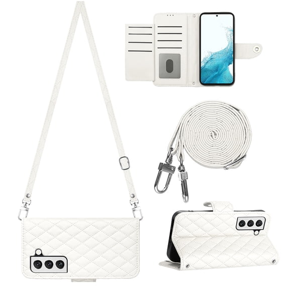 for Samsung Galaxy S22 Plus Wallet Case, Elegant Card Holder Cash Slot PU Leather Kickstand Shoulder Strap Shockproof Protective Flip Women Girls Case Cover for Samsung Galaxy S22 Plus, White