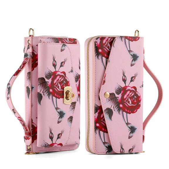 for Samsung Galaxy S22 Plus Wallet Case - Magnetic Detachable Back Case with RFID Blocking Card Holder, Hand Strap & Crossbody Strap, Floral Flower PU Leather Flip Cover Case for Women Girls, Pink