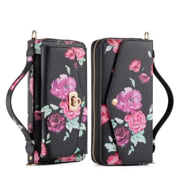 for Samsung Galaxy S22 Plus Wallet Case - Magnetic Detachable Back Case with RFID Blocking Card Holder, Hand Strap & Crossbody Strap, Floral Flower PU Leather Flip Cover Case for Women Girls, Black