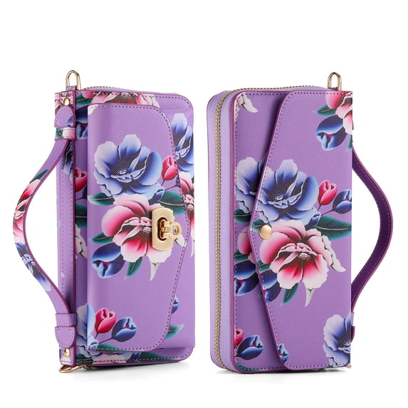 for Samsung Galaxy S22 Plus Wallet Case - Magnetic Detachable Back Case with RFID Blocking Card Holder, Hand Strap & Crossbody Strap, Floral Flower PU Leather Flip Cover Case for Women Girls, Purple