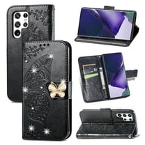 Samsung Galaxy S22 Plus Wallet Case, Mantto Bling Butterfly Flower PU Leather Flip Phone Cover Credit Cards Slot Shockproof Protective Kickstand Case for Samsung Galaxy S22 Plus, Black
