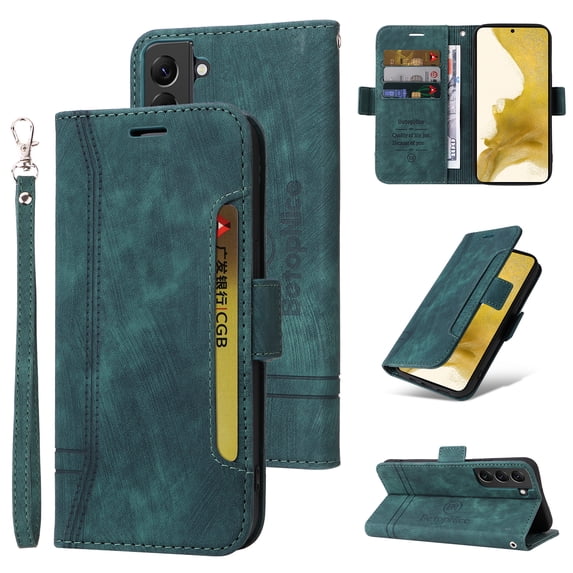 for Samsung Galaxy S22 Plus Wallet Case,PU Leather Magnetic Flip Strap Wrist Phone Cover with RFID Block Card Holder for Samsung Galaxy S22 Plus,Green