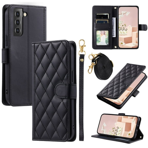 for Samsung Galaxy S22 Plus Wallet Case, Premium PU Leather Magnetic Flip Folio Case with Wrist Strap Credit Card Holder for Women Men Crossbody Strap Case Cover for Samsung Galaxy S22 Plus, Black