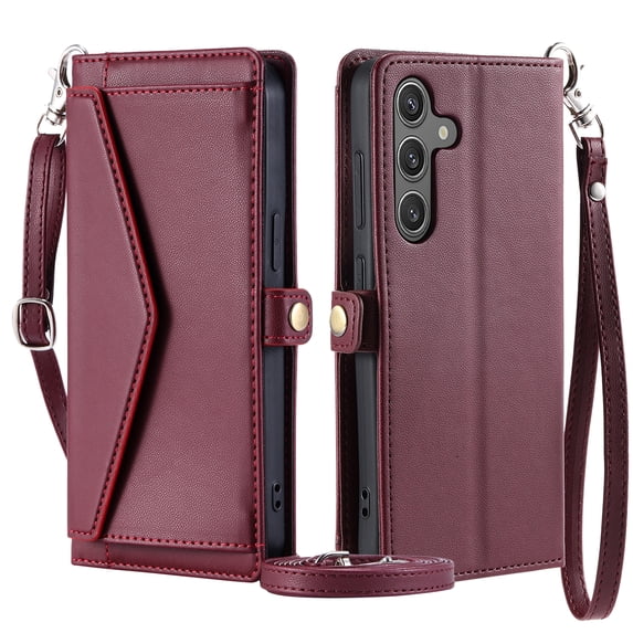 For Samsung Galaxy S22 Plus Wallet Case, RFID Blocking Crossybody Shoulder Strap Hand Wrist Flip Cover Carsd Holder Snap Closure Protective Phone Case for Samsung Galaxy S22 Plus, Winered