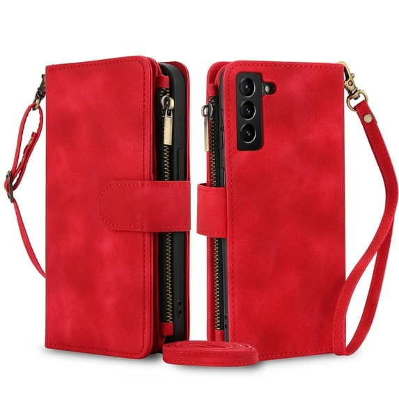 for Samsung Galaxy S22 Plus Wallet Case for Women Girls, RFID Blocking Credit Card Slots PU Leather Purse Case with Crossbody Strap Wristlet Magnetic Folio Stand Cover for Galaxy S22 Plus, Red