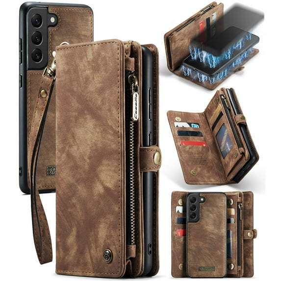for Samsung Galaxy S22 Premium PU Leather Folding Case, Multiple Card Slots Design, Wrist Strap Zipper Pocket Kickstand Magnetic Snap, Wireless Charging for Samsung Galaxy S22, Darkbrown
