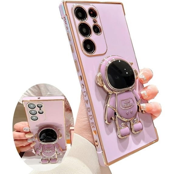 for Samsung Galaxy S22 S21 Ultra Plus FE Case,Hidden Astronaut Kickstand Stand,Gold Trim Cover,Upgrade Shockproof Pasteable Bracket for Samsung S22 S21 Ultra (S21,Purple)