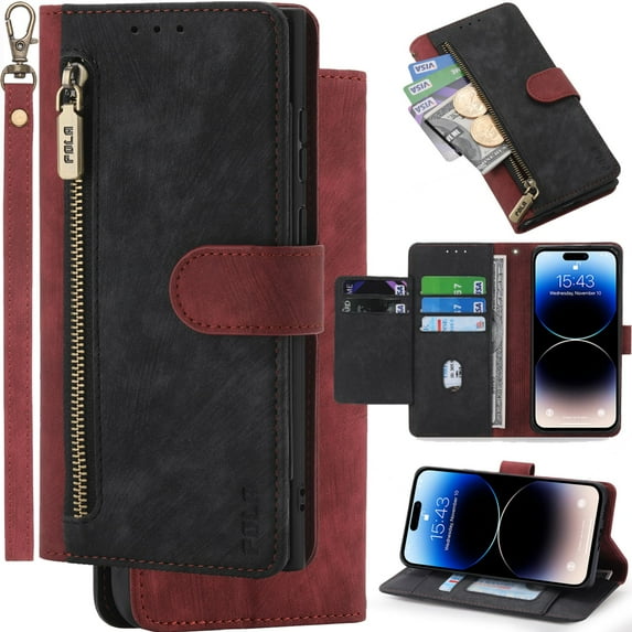 for Samsung Galaxy S22+/S22 Plus Leather Phone Case Wallet, Colors-block Style Folio Flip Cover Zipper Pocket, Anti-theft Multi layered Card Slot Cash Holder Photo Bag, Magnetic Buckle, Wrist Lanyard