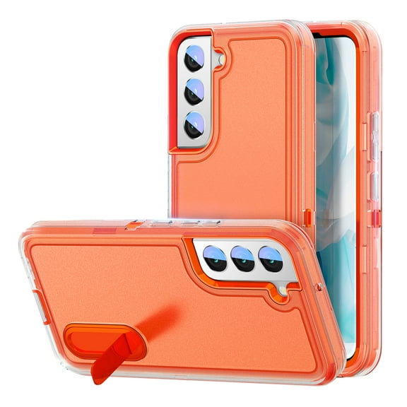 Samsung Galaxy S22+/S22 Plus Shockproof Case with Built-in Metal Kickstand, Dteck 3-Layer Full Body Protection [Without Screen Protector] Rugged Heavy Duty Durable Cover Case, Orange+Clear