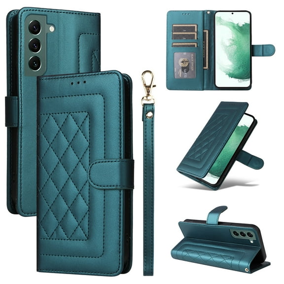for Samsung Galaxy S22 Thin Fit Case Cover, Premium PU Leather Magnetic Wallet Flip Case with Stand Bracket Holder Flip Cover with Card Slots and Wrist Strap for Galaxy S22 - Darkgreen