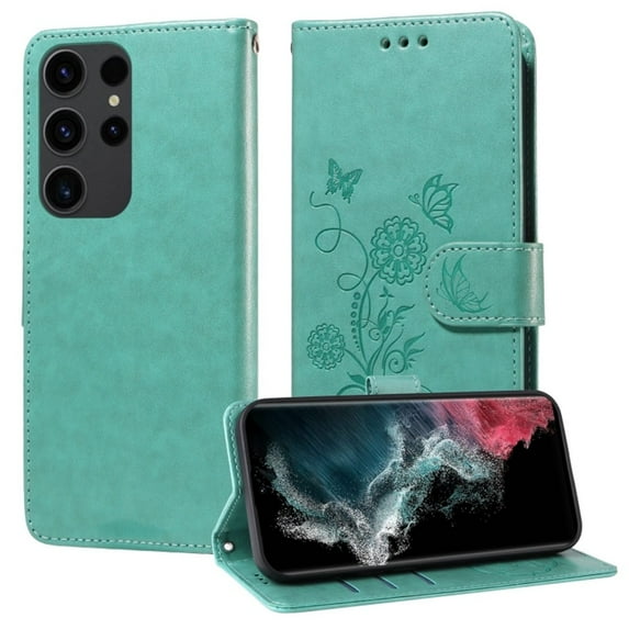 For Samsung Galaxy S22 Ultra 5G 6.8 inch Embossed Butterfly Flowers With Card Slots And A Cash Compartment Shockproof Kickstand Flip Leather Phone Case For Women,Green,For Galaxy S22 Ultra 5G