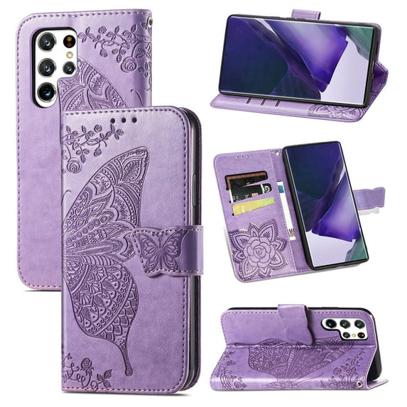 Samsung Galaxy S22 Ultra 5G Case, Butterfly Embossed Flip Folio Wallet Case Magnetic Closure RFID Blocking Card Slots Kickstand Shockproof Stand Case for Samsung Galaxy S22 Ultra 6.8 inch,Lightpurple