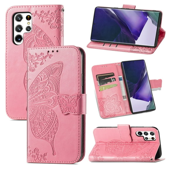 Samsung Galaxy S22 Ultra 5G Case, Butterfly Embossed Flip Folio Wallet Case Magnetic Closure RFID Blocking Card Slots Kickstand Shockproof Stand Case for Samsung Galaxy S22 Ultra 5G 6.8 inch,Pink