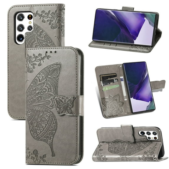 Samsung Galaxy S22 Ultra 5G Case, Butterfly Embossed Flip Folio Wallet Case Magnetic Closure RFID Blocking Card Slots Kickstand Shockproof Stand Case for Samsung Galaxy S22 Ultra 5G 6.8 inch,Gray