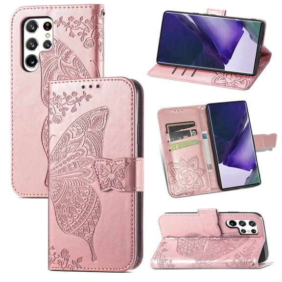 Samsung Galaxy S22 Ultra 5G Case, Butterfly Embossed Flip Folio Wallet Case Magnetic Closure RFID Blocking Card Slots Kickstand Shockproof Stand Case for Samsung Galaxy S22 Ultra 5G 6.8 inch,Rosegold