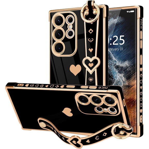 Samsung Galaxy S22 Ultra 5G Case, Cute Love Heart Plating Strap, Shockproof Silicone Camera Protection Case for Women