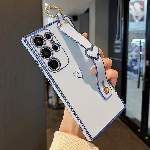 Samsung Galaxy S22 Ultra 5G Case with Kickstand,Luxury Cute Plating Edge Love Hearts Pattern Wrist Strap Finger Holder for Girls Women,Soft Shockproof Cover for Galaxy S22 Ultra 6.8",Blue