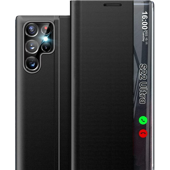 for Samsung Galaxy S22 Ultra 5G Case, Smart Clear View Window Luxury Slim Mirror for S22 Ultra Case with Kickstand, Leather Hard PC Flip Shockproof Protective Cover Samsung S22 Ultra Phone Case