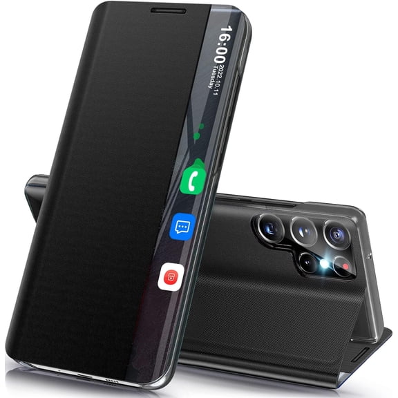 for Samsung Galaxy S22 Ultra 5G Case View Clear Smart Window Leather for Samsung S22 Ultra Case Slim Mirror Hard PC Kickstand Luxury Flip Shockproof Galaxy S22 Ultra Cover Protective (Black)