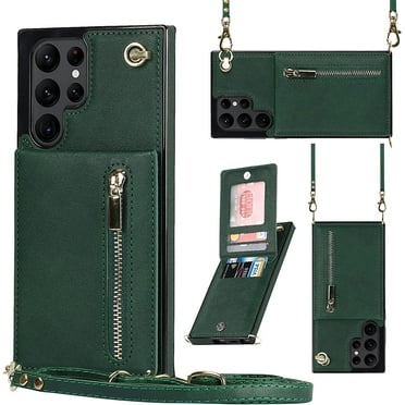 Samsung Galaxy S22 Ultra 5G Cases with Card Holder for Women,Crossbody Phone Case for Samsung S22 Ultra with Strap,Leather PU Lanyard Magnetic Clasp Zipper Wallet Case with Kickstand,6.8" Green