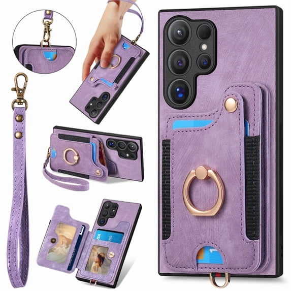 for Samsung Galaxy S22 Ultra 5G Phone Case Wallet with Card Holder,PU Leather Flip Folio Case,RFID Blocking Ring Holder Kickstand Wrist Strap Magnetic Protective Women Men Cover,Purple