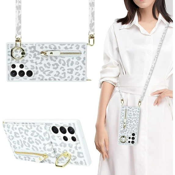 Samsung Galaxy S22 Ultra 5G Phone Case for Women with Card Holder,Samsung S22 Ultra Case Wallet Crossbody Lanyard with Strap,Credit Card Slots Kickstand Case with Ring Holder,6.8",White Leopard