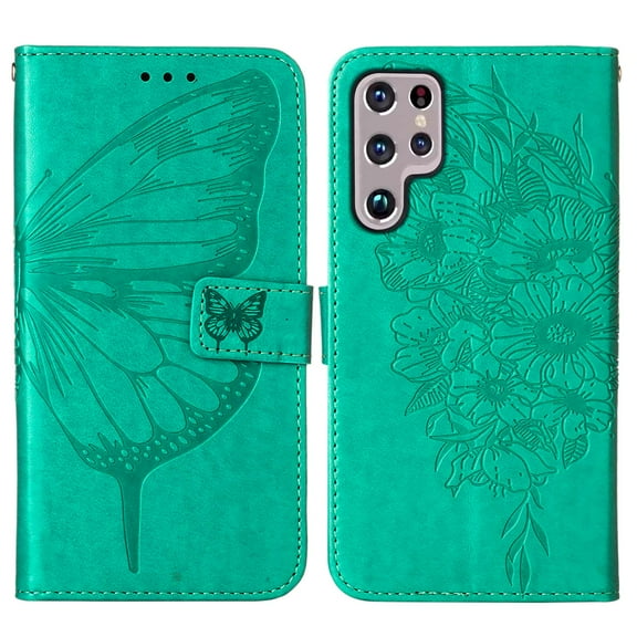 for Samsung Galaxy S22 Ultra 6.8 Inch Wallet Case with Card Slots Holder Magnetic Clasp Kickstand Flip Folio Cover, Luxury Soft TPU Shockproof Bracket Wrist Strap Protective Phone Case,Green