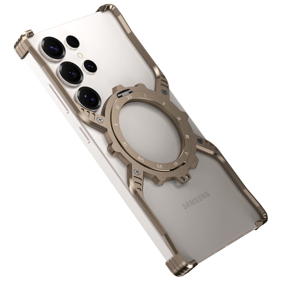for Samsung Galaxy S22 Ultra Aluminum Metal Bumper with Magnetic Ring 360° Rotating Kickstand - Frameless Design, 4 Corner Drop Protection, Compatible with MagSafe & Adjustable Phone Stand,Gold