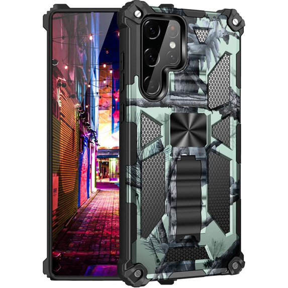 for Samsung Galaxy S22 Ultra Camouflage Case, Heavy Duty Shockproof Protection Military Grade Built-in Magnetic Kickstand Camo Cover Case for Samsung Galaxy S22 Ultra MC Mint Green
