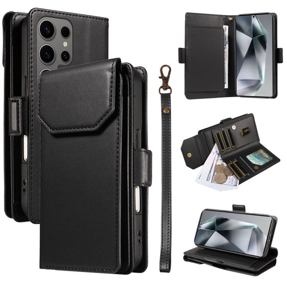 for Samsung Galaxy S22 Ultra Case with 11 Card Slots & 2 Cash Pockets for Woman Man,PU Leather Flip Kickstand Folio [RFID Blocking] Wallet Case, Wrist Strap Magnetic Clasp Protective Cover,Black