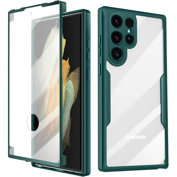 for Samsung Galaxy S22 Ultra Case, 360 Full Body Rugged Case with Built-in Screen Protector Transparent Heavy Duty Shockproof Bumper Cover for Galaxy S22 Ultra 6.8" (Green)