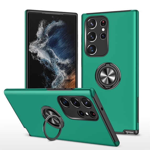 for Samsung Galaxy S22 Ultra Case, 360° Rotatable Ring Holder Kickstand Dual Layer Military-Grade Drop Tested Protection Support Car Holder Mount Magnetic Absorbing Bumper Phone Case, Darkgreen